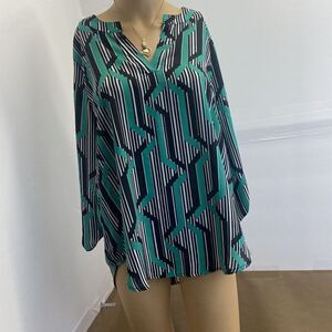 Est. 1946 Womens Black/White/green 3/4 Sleeve V-Neck Striped Tunic Top Size S